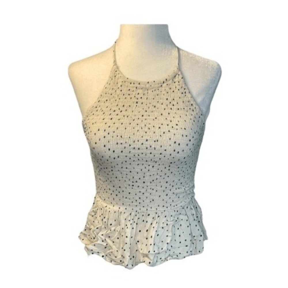 Patrons of Peace Polka Dot Halter Top Cream Navy Smocked Peplum Ruched S